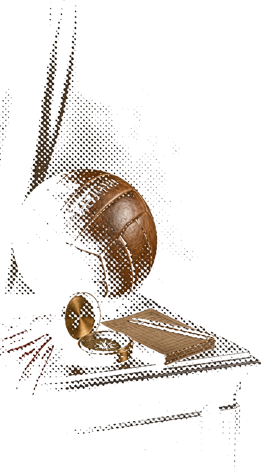 Halbraster-Illustration eines historischen Fußballs mit Kompass und Spielnotizen